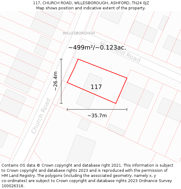 117, CHURCH ROAD, WILLESBOROUGH, ASHFORD, TN24 0JZ: Plot and title map