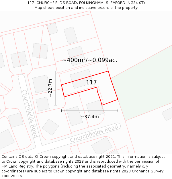 117, CHURCHFIELDS ROAD, FOLKINGHAM, SLEAFORD, NG34 0TY: Plot and title map