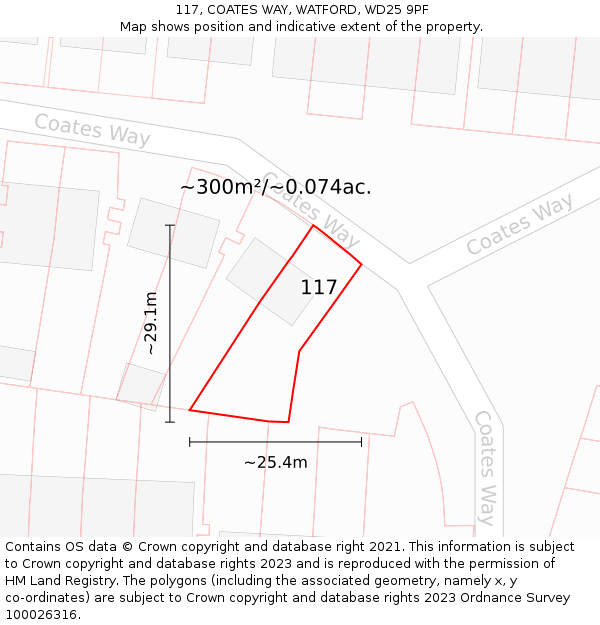 117, COATES WAY, WATFORD, WD25 9PF: Plot and title map