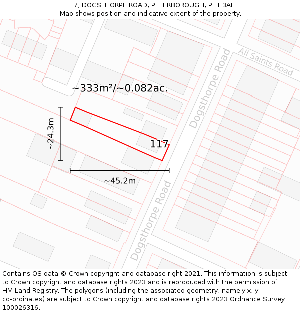 117, DOGSTHORPE ROAD, PETERBOROUGH, PE1 3AH: Plot and title map