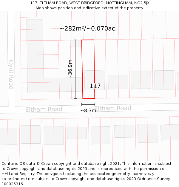 117, ELTHAM ROAD, WEST BRIDGFORD, NOTTINGHAM, NG2 5JX: Plot and title map