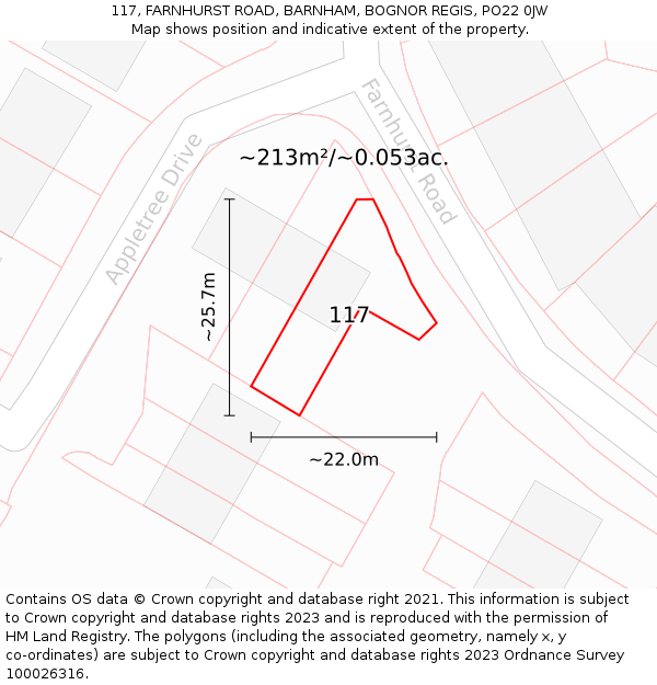 117, FARNHURST ROAD, BARNHAM, BOGNOR REGIS, PO22 0JW: Plot and title map