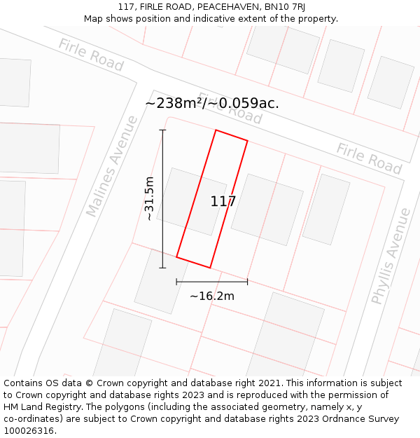 117, FIRLE ROAD, PEACEHAVEN, BN10 7RJ: Plot and title map