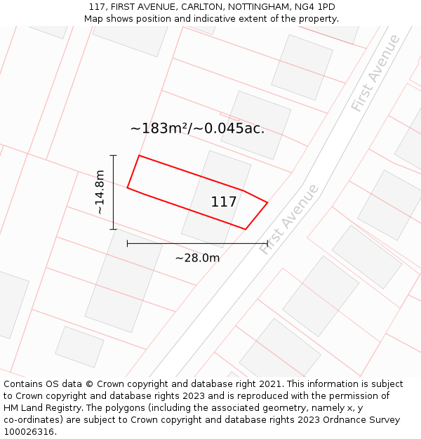 117, FIRST AVENUE, CARLTON, NOTTINGHAM, NG4 1PD: Plot and title map