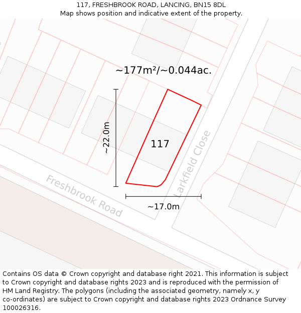 117, FRESHBROOK ROAD, LANCING, BN15 8DL: Plot and title map