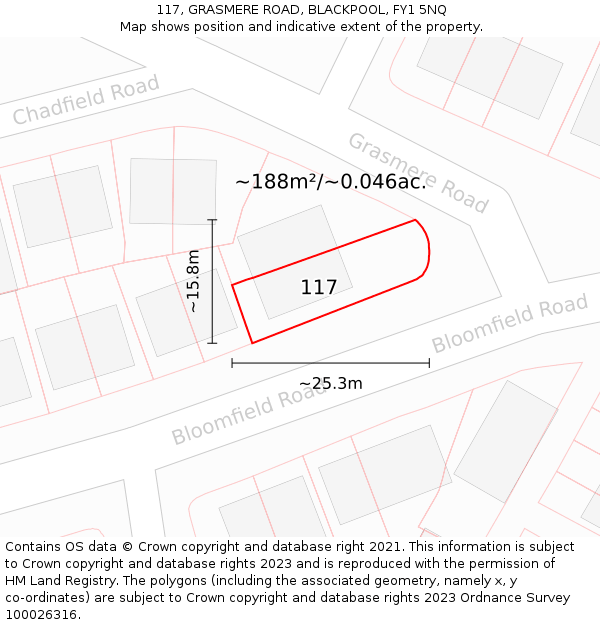 117, GRASMERE ROAD, BLACKPOOL, FY1 5NQ: Plot and title map