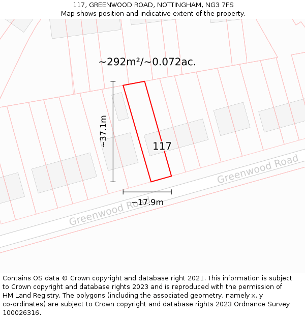 117, GREENWOOD ROAD, NOTTINGHAM, NG3 7FS: Plot and title map