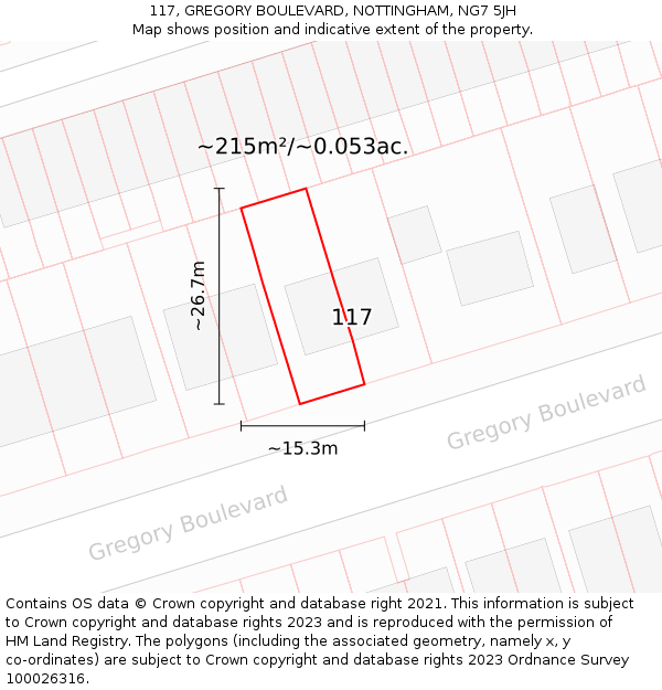 117, GREGORY BOULEVARD, NOTTINGHAM, NG7 5JH: Plot and title map