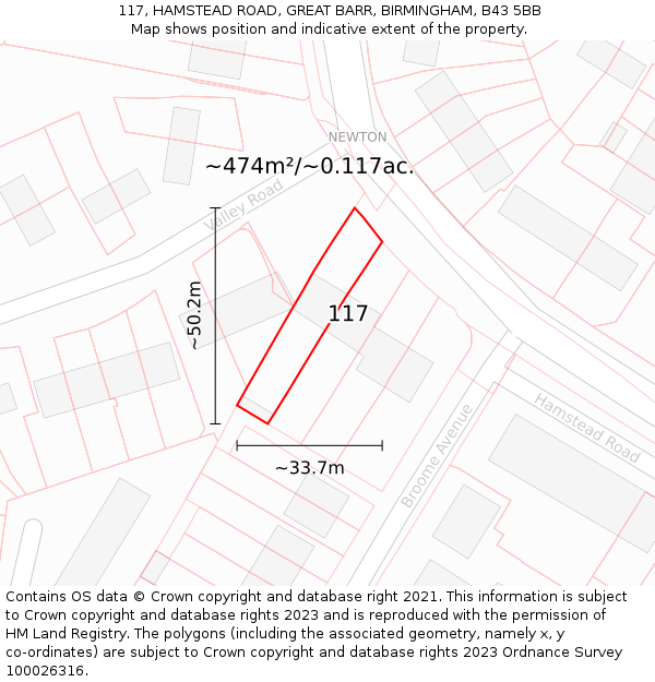 117, HAMSTEAD ROAD, GREAT BARR, BIRMINGHAM, B43 5BB: Plot and title map