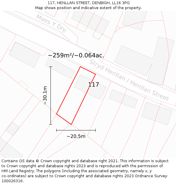 117, HENLLAN STREET, DENBIGH, LL16 3PG: Plot and title map