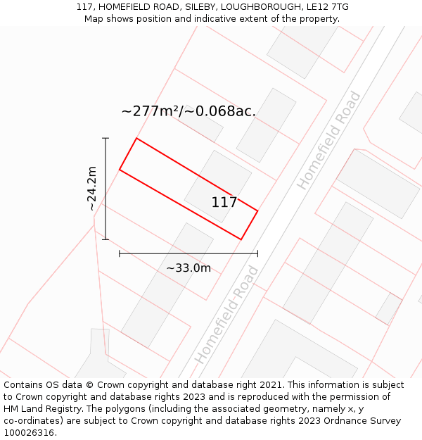 117, HOMEFIELD ROAD, SILEBY, LOUGHBOROUGH, LE12 7TG: Plot and title map