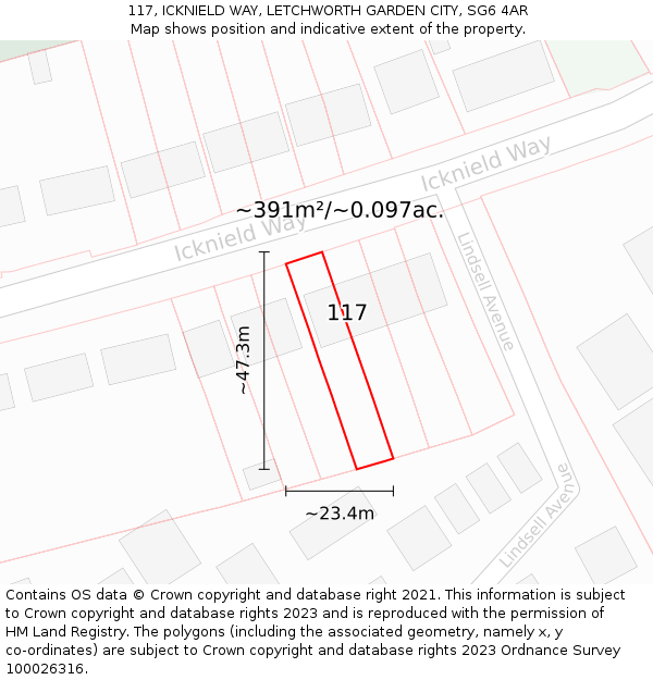 117, ICKNIELD WAY, LETCHWORTH GARDEN CITY, SG6 4AR: Plot and title map