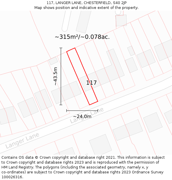 117, LANGER LANE, CHESTERFIELD, S40 2JP: Plot and title map