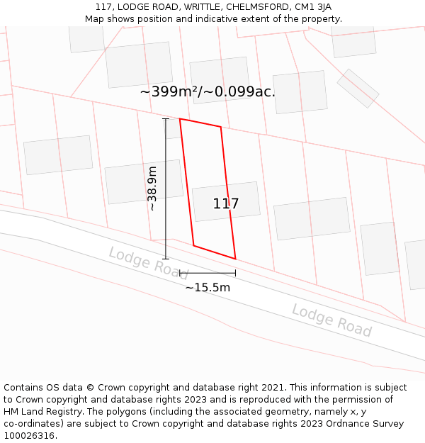 117, LODGE ROAD, WRITTLE, CHELMSFORD, CM1 3JA: Plot and title map