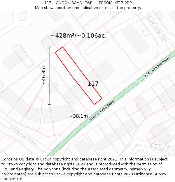 117, LONDON ROAD, EWELL, EPSOM, KT17 2BP: Plot and title map