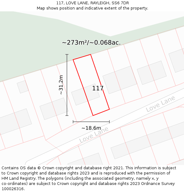 117, LOVE LANE, RAYLEIGH, SS6 7DR: Plot and title map