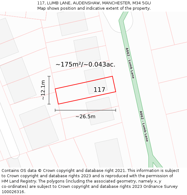 117, LUMB LANE, AUDENSHAW, MANCHESTER, M34 5GU: Plot and title map