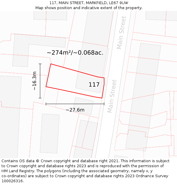 117, MAIN STREET, MARKFIELD, LE67 9UW: Plot and title map