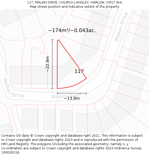 117, MALKIN DRIVE, CHURCH LANGLEY, HARLOW, CM17 9HL: Plot and title map