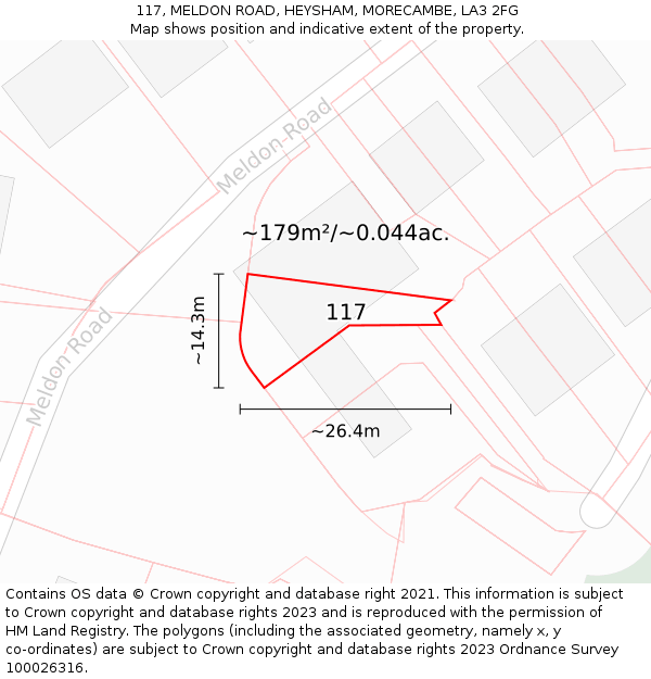 117, MELDON ROAD, HEYSHAM, MORECAMBE, LA3 2FG: Plot and title map