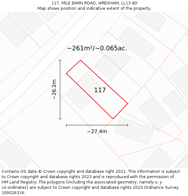 117, MILE BARN ROAD, WREXHAM, LL13 9JY: Plot and title map