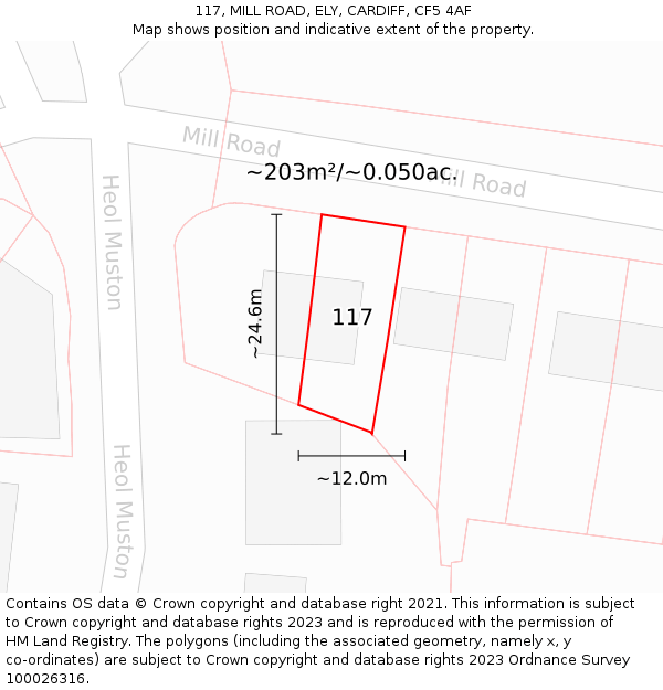 117, MILL ROAD, ELY, CARDIFF, CF5 4AF: Plot and title map