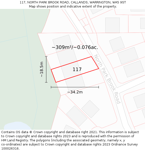 117, NORTH PARK BROOK ROAD, CALLANDS, WARRINGTON, WA5 9ST: Plot and title map