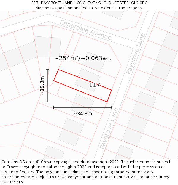 117, PAYGROVE LANE, LONGLEVENS, GLOUCESTER, GL2 0BQ: Plot and title map