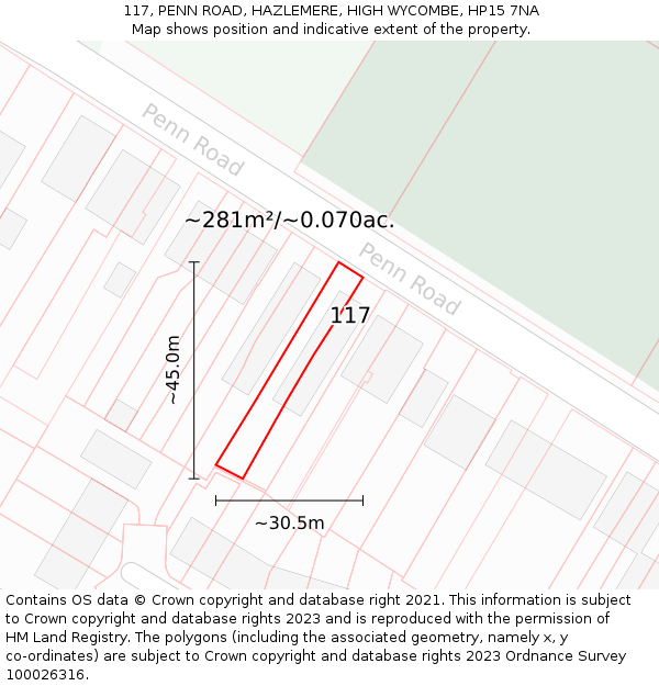 117, PENN ROAD, HAZLEMERE, HIGH WYCOMBE, HP15 7NA: Plot and title map