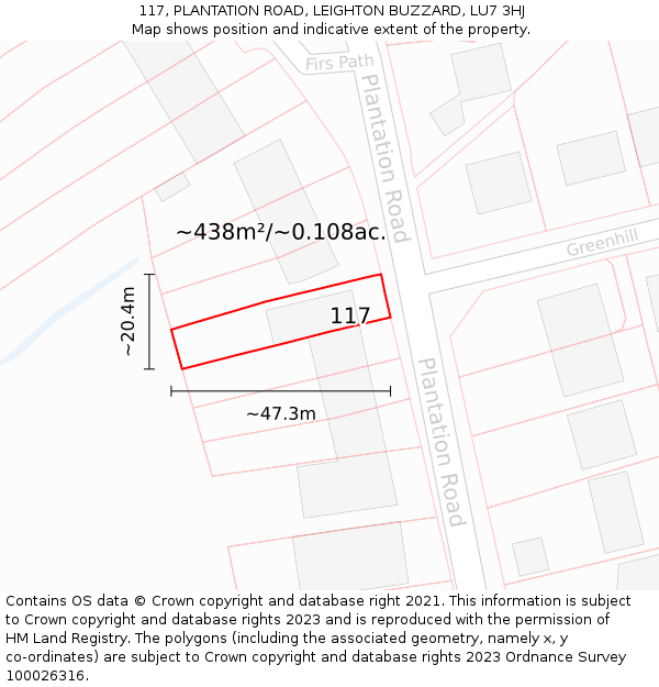 117, PLANTATION ROAD, LEIGHTON BUZZARD, LU7 3HJ: Plot and title map