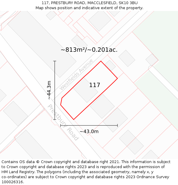 117, PRESTBURY ROAD, MACCLESFIELD, SK10 3BU: Plot and title map