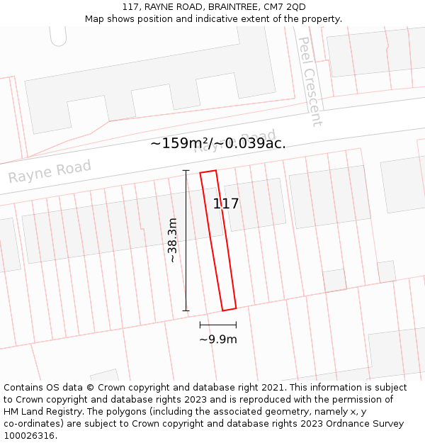 117, RAYNE ROAD, BRAINTREE, CM7 2QD: Plot and title map