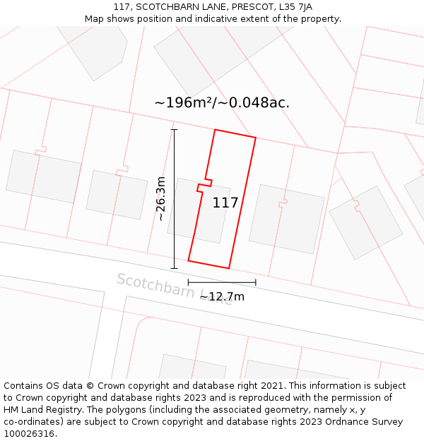 117, SCOTCHBARN LANE, PRESCOT, L35 7JA: Plot and title map