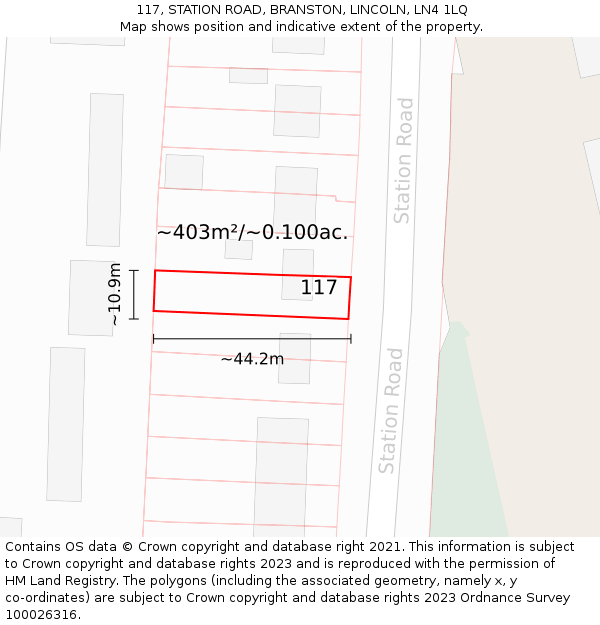 117, STATION ROAD, BRANSTON, LINCOLN, LN4 1LQ: Plot and title map