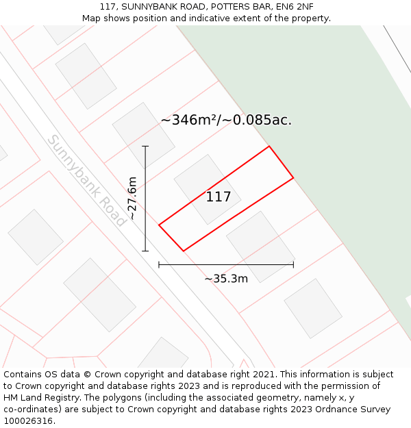 117, SUNNYBANK ROAD, POTTERS BAR, EN6 2NF: Plot and title map