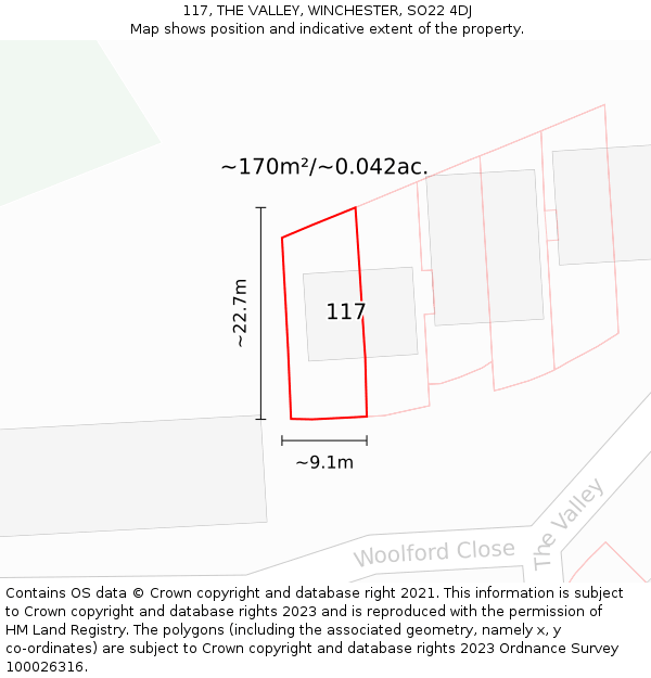 117, THE VALLEY, WINCHESTER, SO22 4DJ: Plot and title map