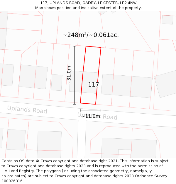 117, UPLANDS ROAD, OADBY, LEICESTER, LE2 4NW: Plot and title map