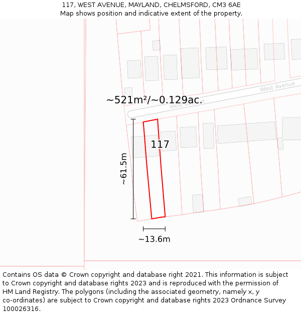 117, WEST AVENUE, MAYLAND, CHELMSFORD, CM3 6AE: Plot and title map