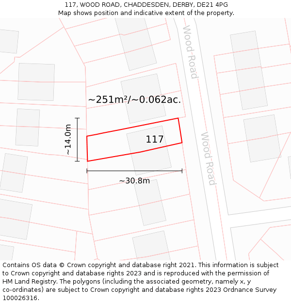 117, WOOD ROAD, CHADDESDEN, DERBY, DE21 4PG: Plot and title map