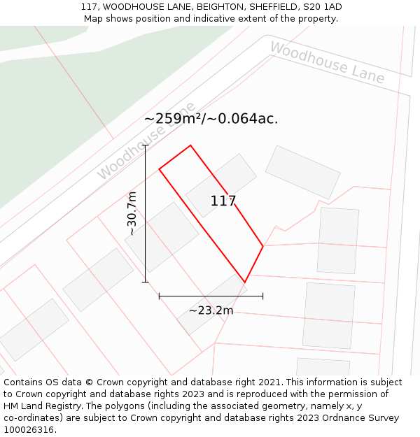 117, WOODHOUSE LANE, BEIGHTON, SHEFFIELD, S20 1AD: Plot and title map