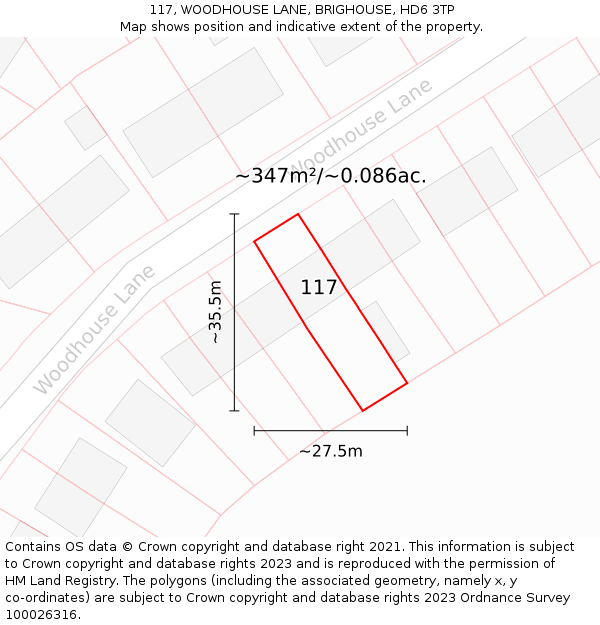 117, WOODHOUSE LANE, BRIGHOUSE, HD6 3TP: Plot and title map