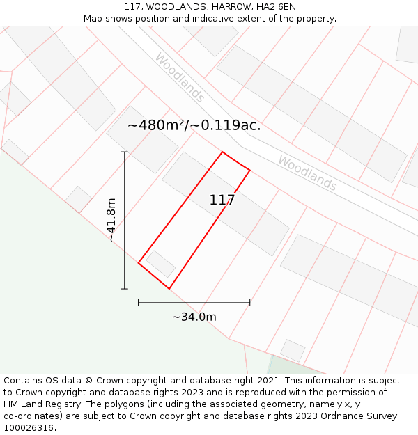 117, WOODLANDS, HARROW, HA2 6EN: Plot and title map