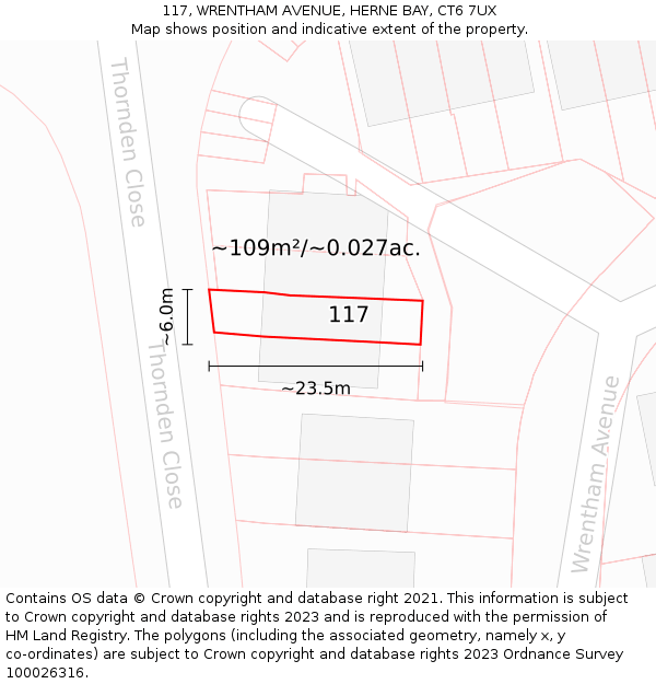 117, WRENTHAM AVENUE, HERNE BAY, CT6 7UX: Plot and title map