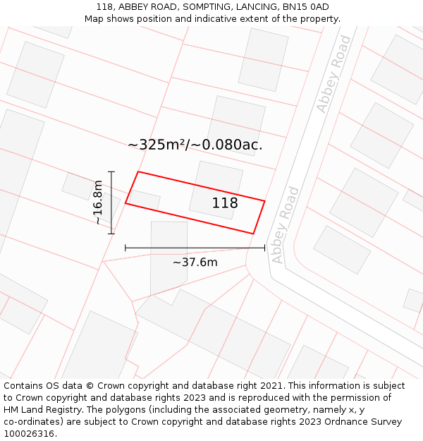 118, ABBEY ROAD, SOMPTING, LANCING, BN15 0AD: Plot and title map