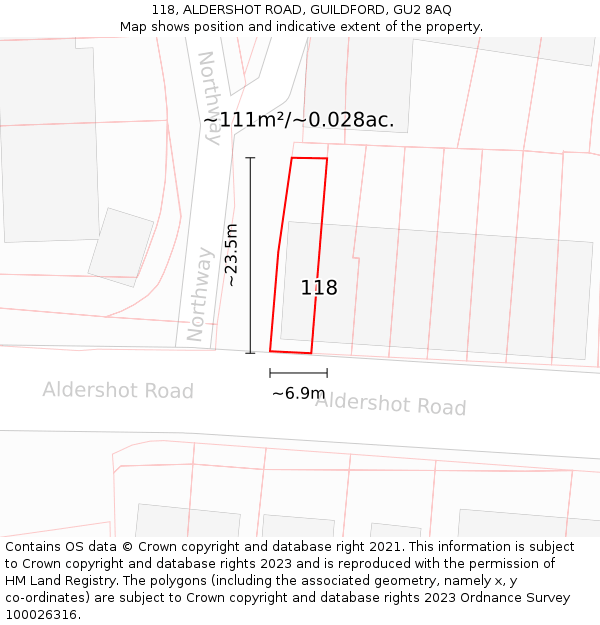 118, ALDERSHOT ROAD, GUILDFORD, GU2 8AQ: Plot and title map