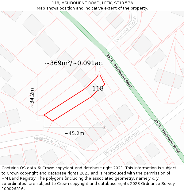 118, ASHBOURNE ROAD, LEEK, ST13 5BA: Plot and title map