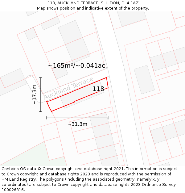 118, AUCKLAND TERRACE, SHILDON, DL4 1AZ: Plot and title map