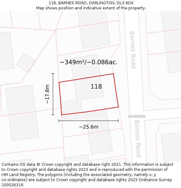 118, BARNES ROAD, DARLINGTON, DL3 9DX: Plot and title map