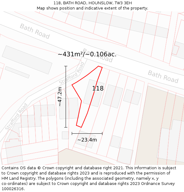 118, BATH ROAD, HOUNSLOW, TW3 3EH: Plot and title map