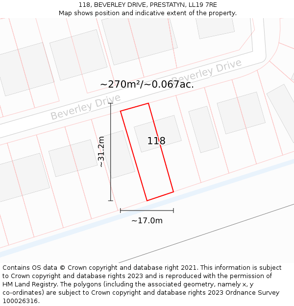 118, BEVERLEY DRIVE, PRESTATYN, LL19 7RE: Plot and title map